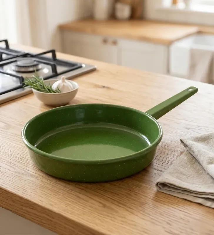 Sartén de Peltre No. 24 Verde Jaspeado con Mango – Prodesa