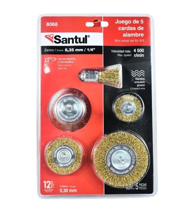 Juego de Cardas de Acero Latonado para Taladro 5 Pzas – Santul 8068