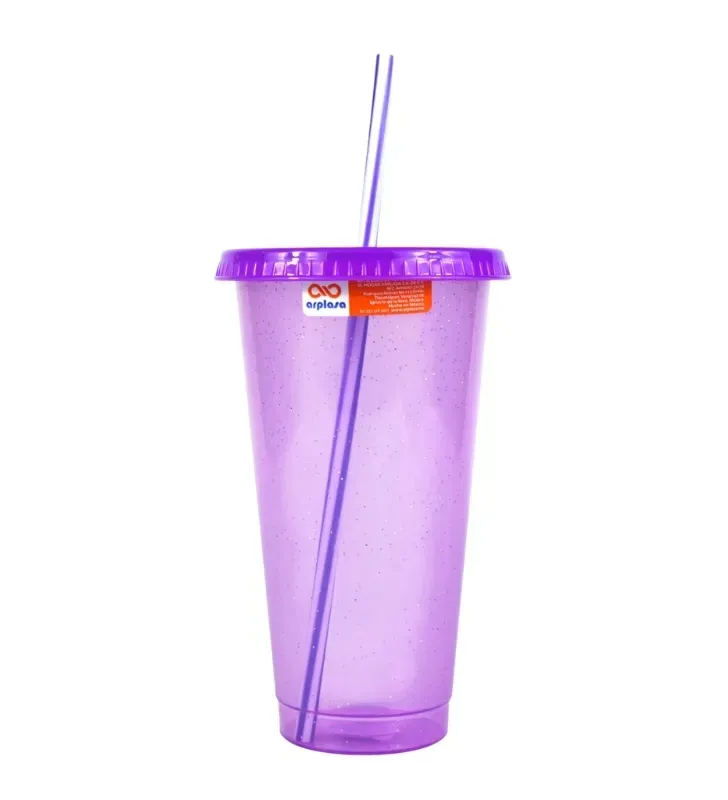 Vaso Star Plástico con Tapa y Popote Morado – Arplasa