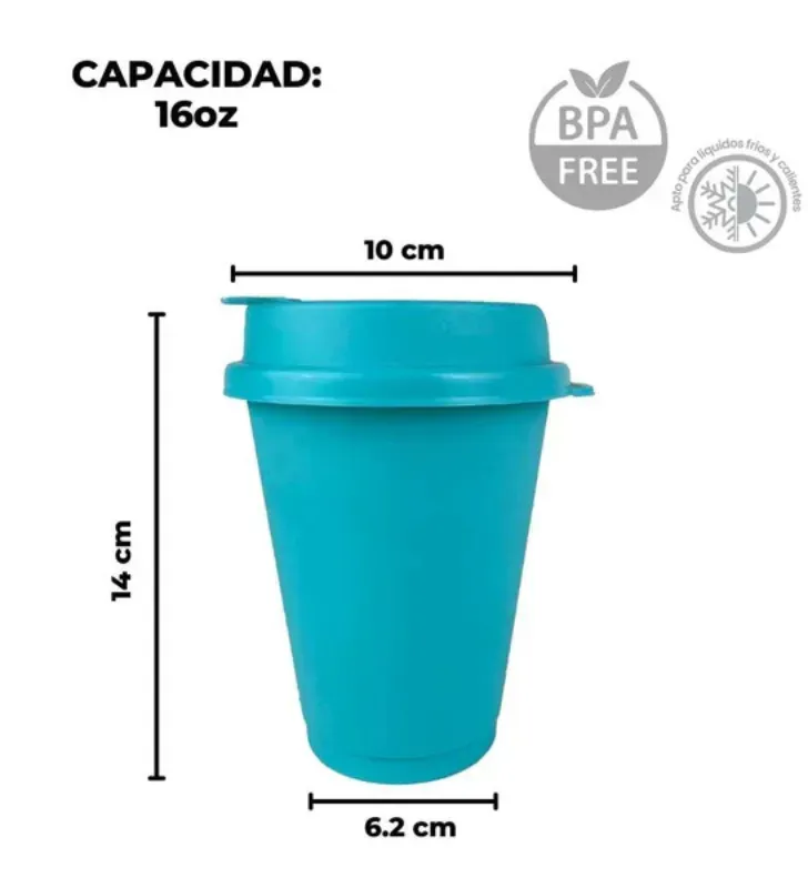 Vaso Capuchino de Plástico 16oz con Tapa Sin Derrames Yuliana – MX-616
