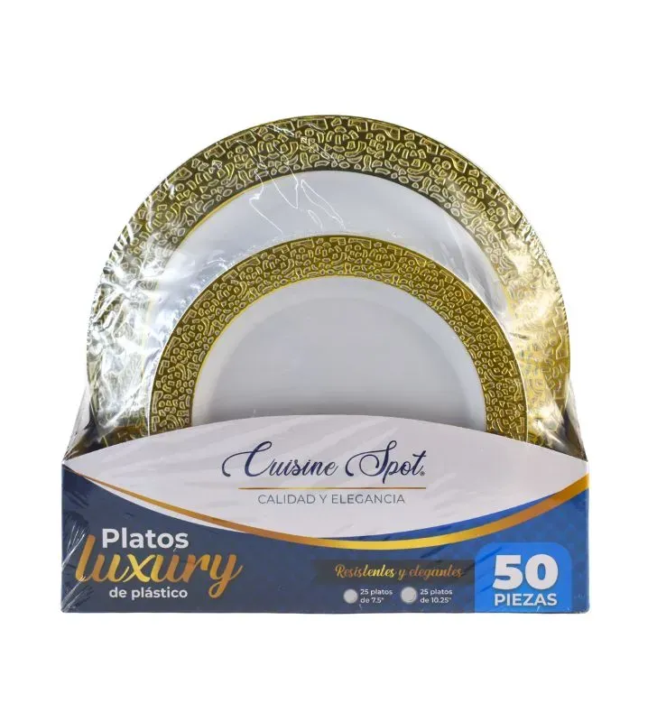 Platos plásticos luxury 7.5″ y 10.25″ con borde plata/dorado – pack 50 piezas