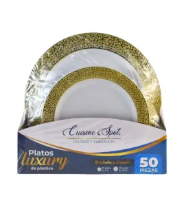 Platos plásticos luxury 7.5″ y 10.25″ con borde plata/dorado – pack 50 piezas