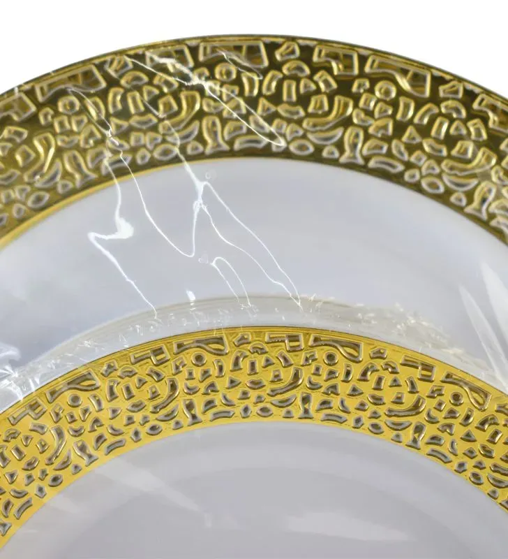 Platos plásticos luxury 7.5″ y 10.25″ con borde plata/dorado – pack 50 piezas