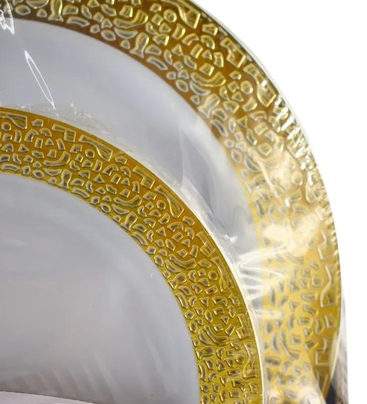Platos plásticos luxury 7.5″ y 10.25″ con borde plata/dorado – pack 50 piezas