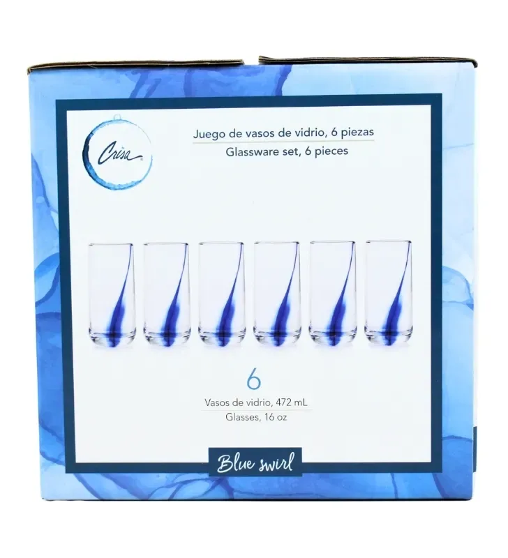 Juego de 6 Vasos de Vidrio Cooler Blue Swirl 472ml | Crisa 6098