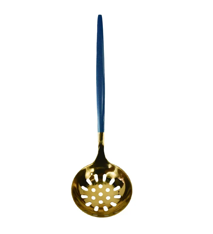 Cuchara escurridora dorada con mango azul, utensilio de cocina de acero inoxidable