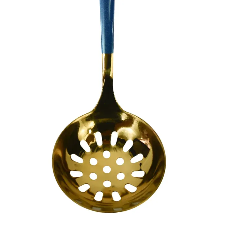 Cuchara escurridora dorada con mango azul, utensilio de cocina de acero inoxidable