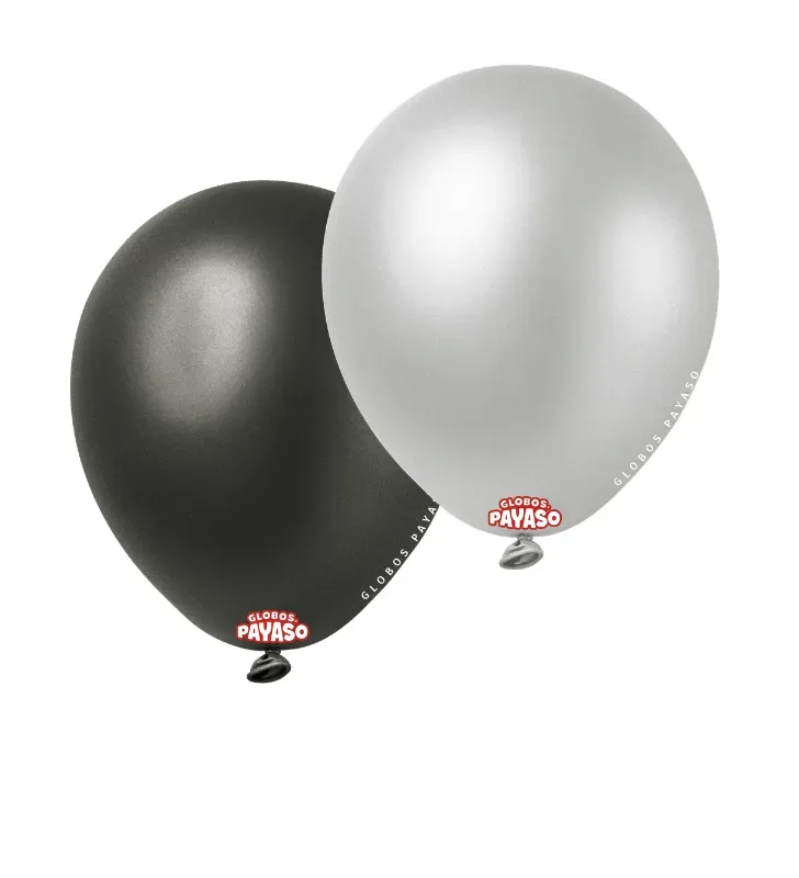 Globos Payaso Negro y Plateado Metálico No. 9 con 50 pz – Línea Metálica