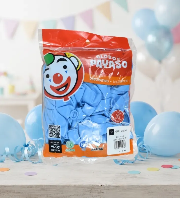 Globos Payaso Azul Cielo No. 9 con 100 pz – Línea Decorativa