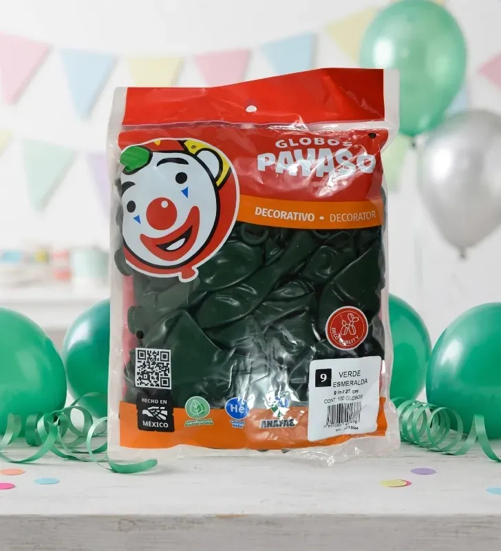 Globos Payaso Verde Esmeralda No. 9 con 100 pz – Línea Decorativa
