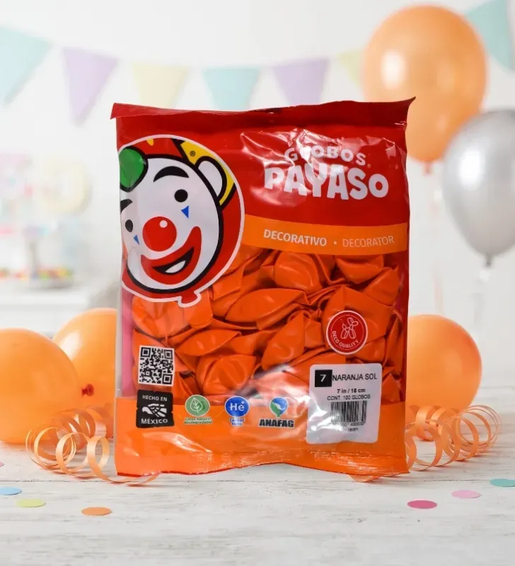 Globos Payaso Naranja Sol No. 7 con 100 pz – Línea Decorativa