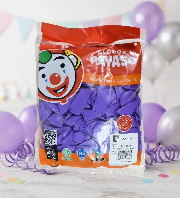 Globos Payaso Violeta No. 9 con 100 pz – Línea Decorativa