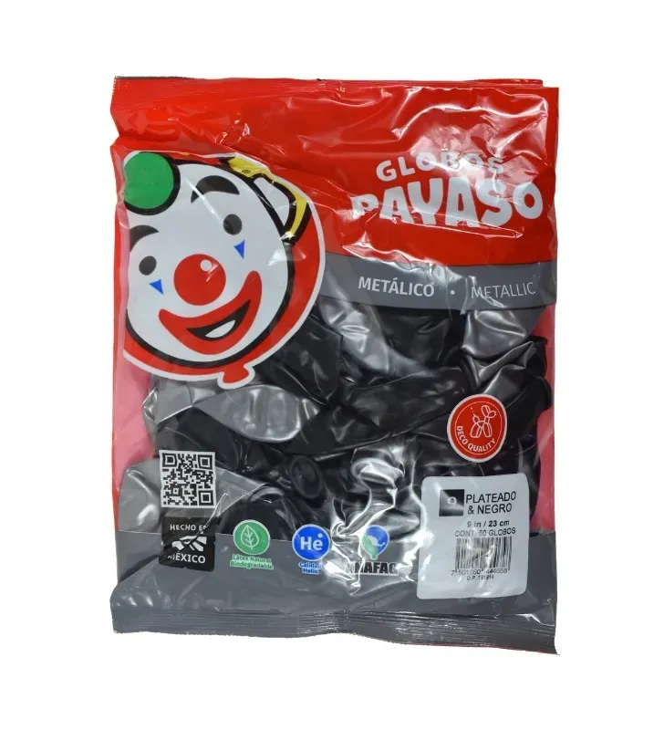 Globos Payaso Negro y Plateado Metálico No. 9 con 50 pz – Línea Metálica
