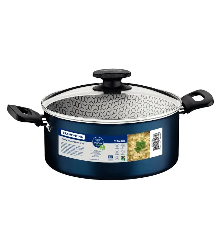 Olla de Aluminio Tramontina Azul 20 cm – Con Tapa y Antiadherente 2.8 L