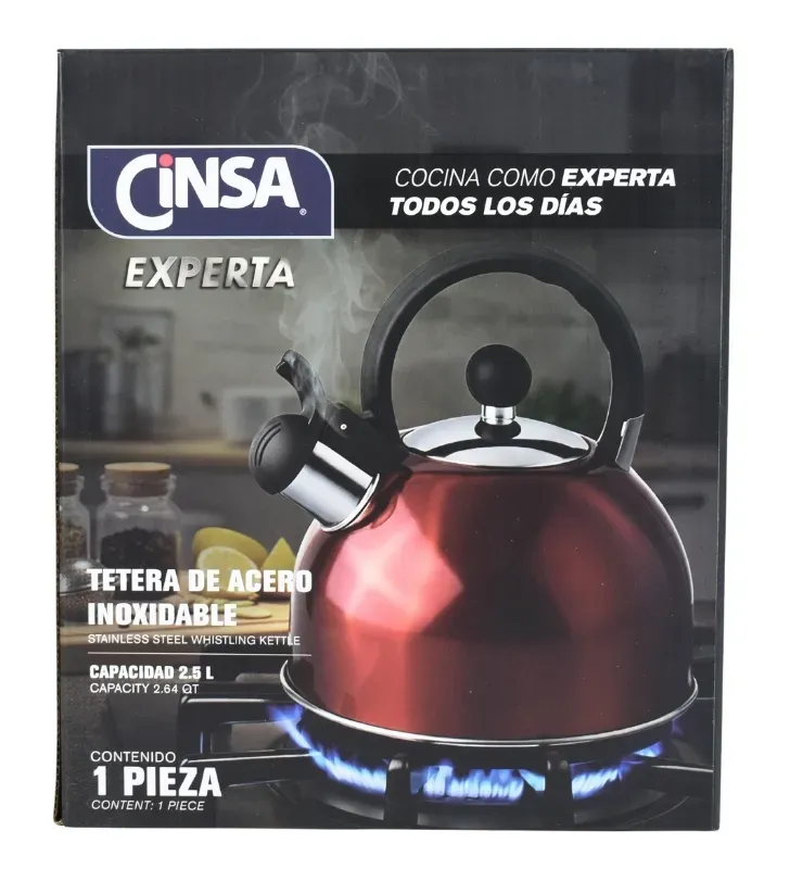 Tetera Acero Inoxidable 2.5L Cinsa Rojo Metálico 323632 – Silbato