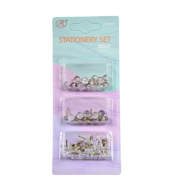 Set de Tachuelas y Chinches Transparentes Doradas