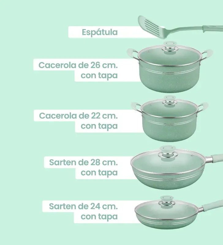 Batería Scarlett Verde Menta 5 pzas · Aluminio antiadherente Cuisine Spot