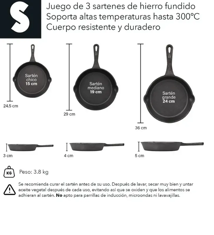 Set de 3 Sartenes de Hierro Fundido Precurado HG223C1 Signa