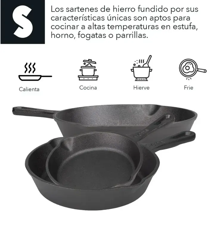 Set de 3 Sartenes de Hierro Fundido Precurado HG223C1 Signa