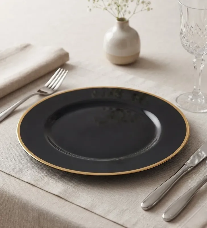 Plato Base Gala Plástico Negro con Borde Dorado 3701N | Marca Vittori