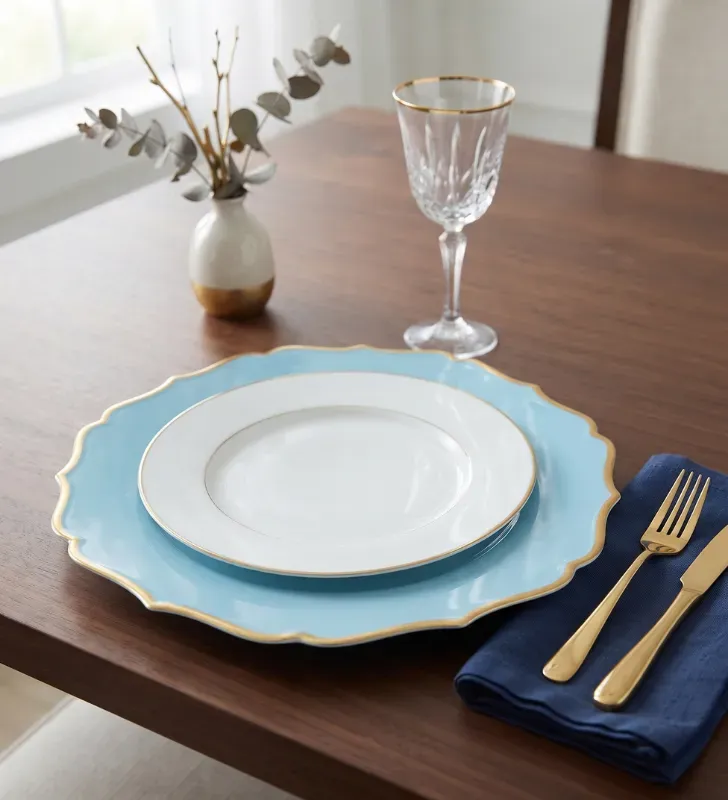 Plato Base Génova Plástico Azul Turquesa con Borde Dorado 3702T | Marca Vittori