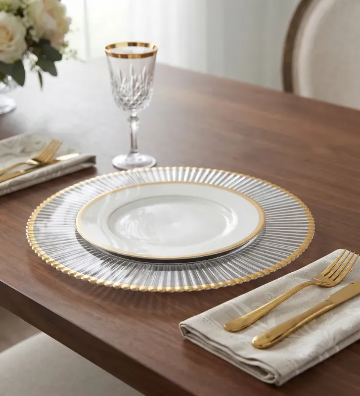 Plato Base Venecia Transparente con Borde Dorado 3709D | Marca Vittori