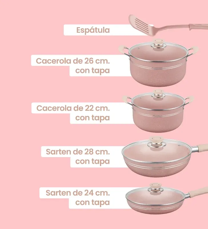 Batería Scarlett Rosa 5 pzas · Aluminio antiadherente Cuisine Spot