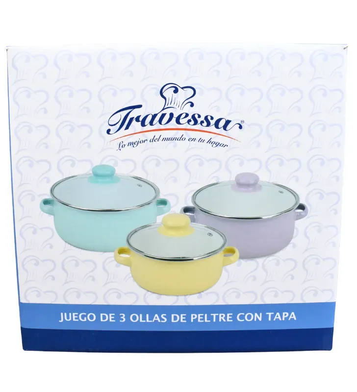 Juego de 3 Ollas de Peltre Colores Pastel 16 18 20cm 043-049-001 | Travessa