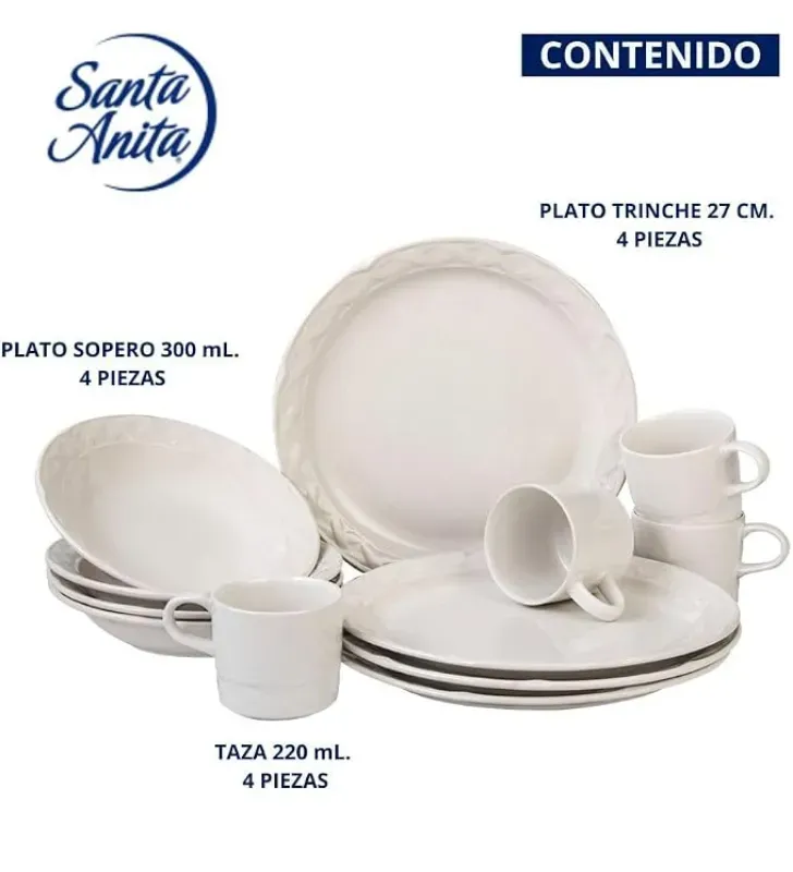 Vajilla de Cerámica 12 Piezas Vinafera Blanch | Santa Anita 319131