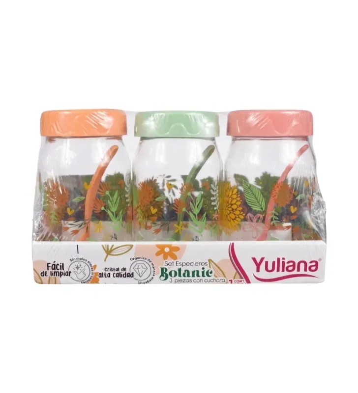 Set Botanic Decorado 3 Tarros Vidrio 370ml con Cuchara Y-90034 | Yuliana