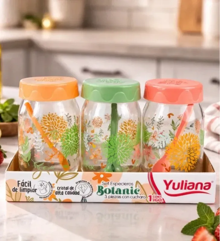 Set Botanic Decorado 3 Tarros Vidrio 370ml con Cuchara Y-90034 | Yuliana