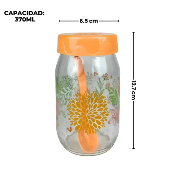 Set Botanic Decorado 3 Tarros Vidrio 370ml con Cuchara Y-90034 | Yuliana