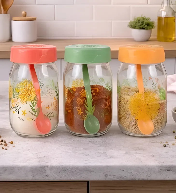 Set Botanic Decorado 3 Tarros Vidrio 370ml con Cuchara Y-90034 | Yuliana