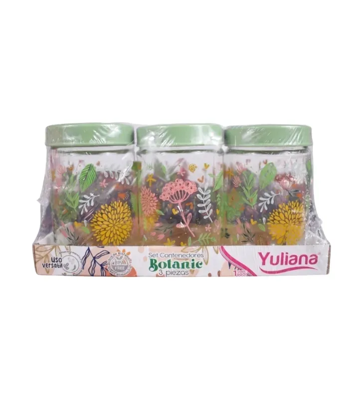 Set Botanic Decorado 3 Tarros Vidrio 660ml con Tapa Y-90032 | Yuliana