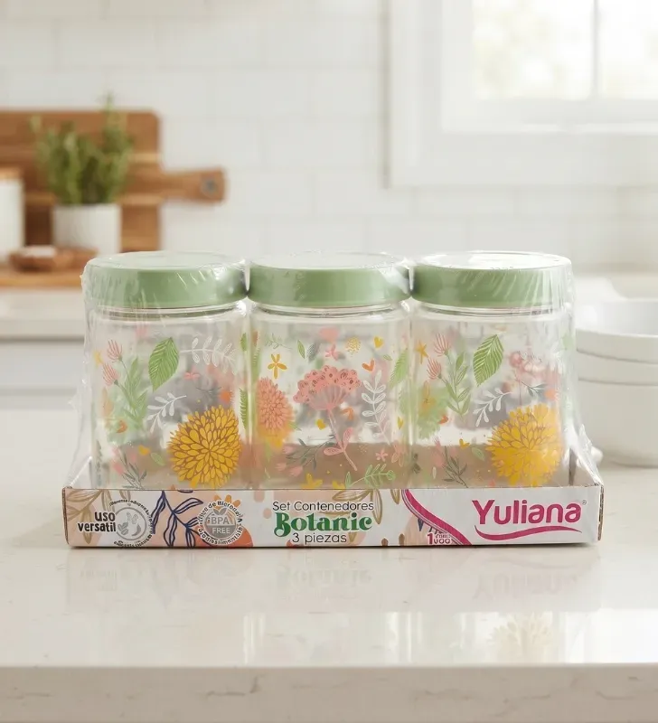 Set Botanic Decorado 3 Tarros Vidrio 660ml con Tapa Y-90032 | Yuliana