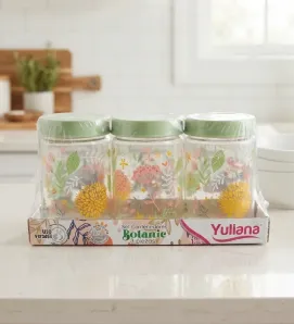 Set Botanic Decorado 3 Tarros Vidrio 660ml con Tapa Y-90032 | Yuliana