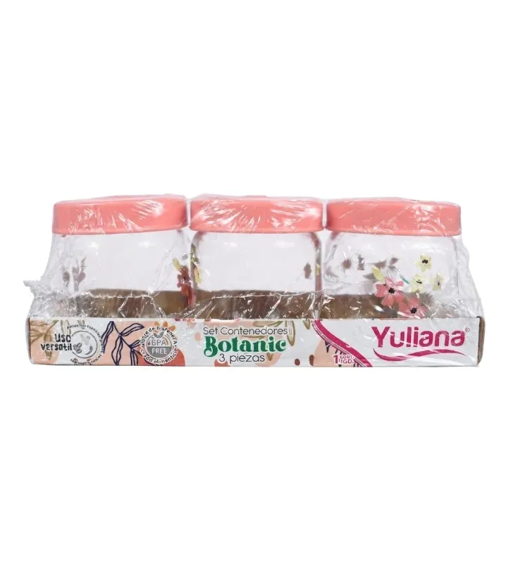 Set Botanic Decorado 3 Tarros Vidrio 425ml con Tapa Y-90031 | Yuliana