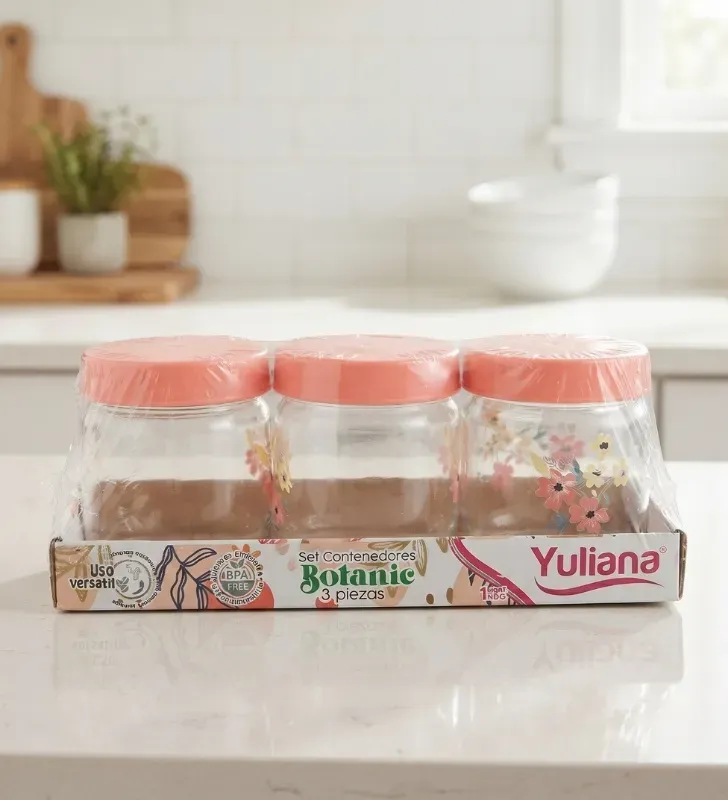 Set Botanic Decorado 3 Tarros Vidrio 425ml con Tapa Y-90031 | Yuliana