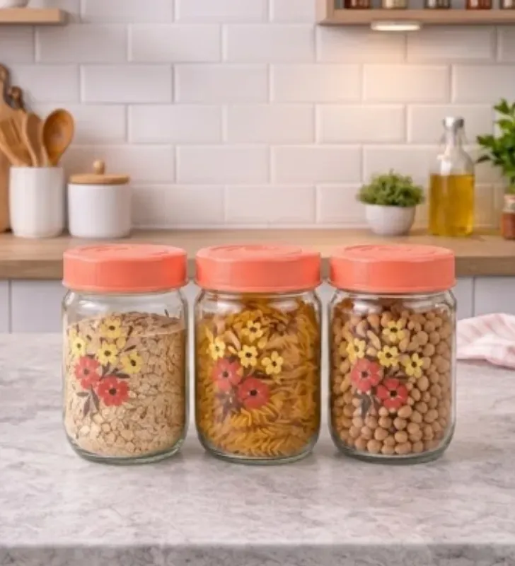 Set Botanic Decorado 3 Tarros Vidrio 425ml con Tapa Y-90031 | Yuliana