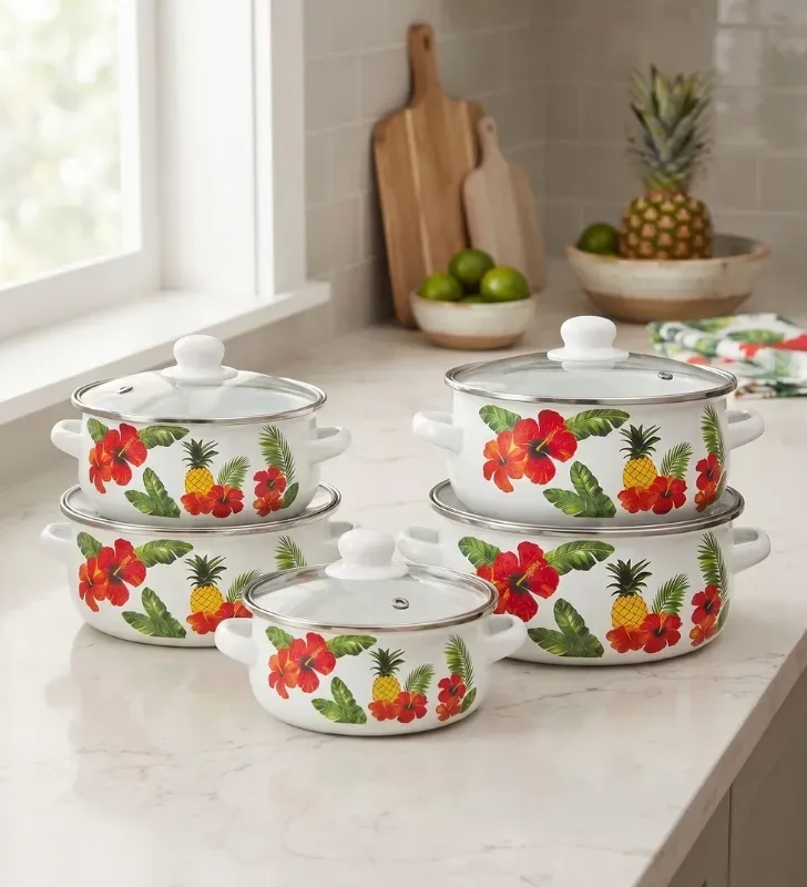 Set de 5 Ollas de Peltre Tapa Cristal Diseño Piñas 043-041-003 | Travessa