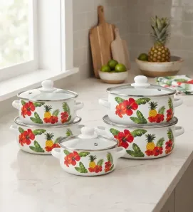 Set de 5 Ollas de Peltre Tapa Cristal Diseño Piñas 043-041-003 | Travessa