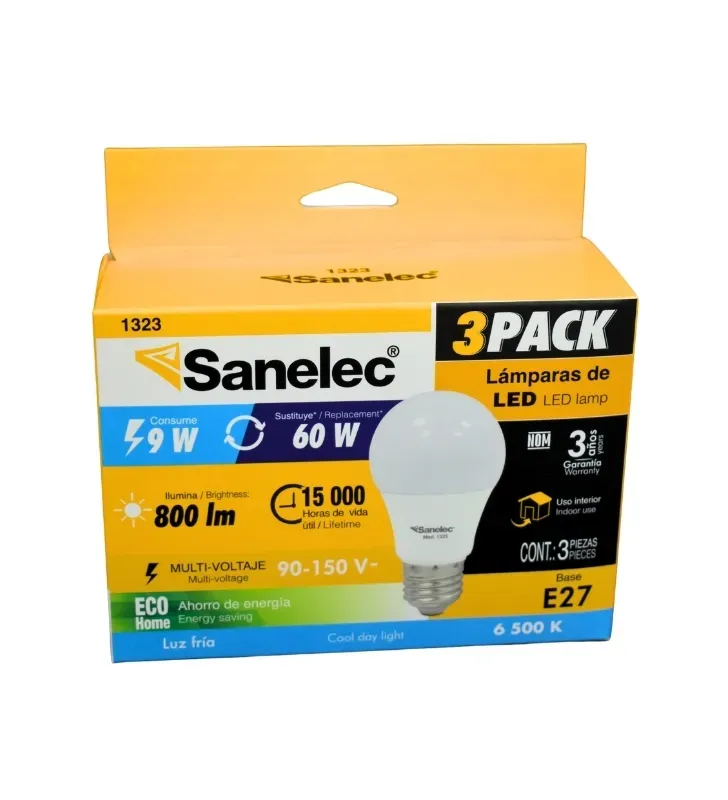 Paquete de 3 Focos LED 9W (Equivalente 60W) 800 lm 1323 | Sanelec