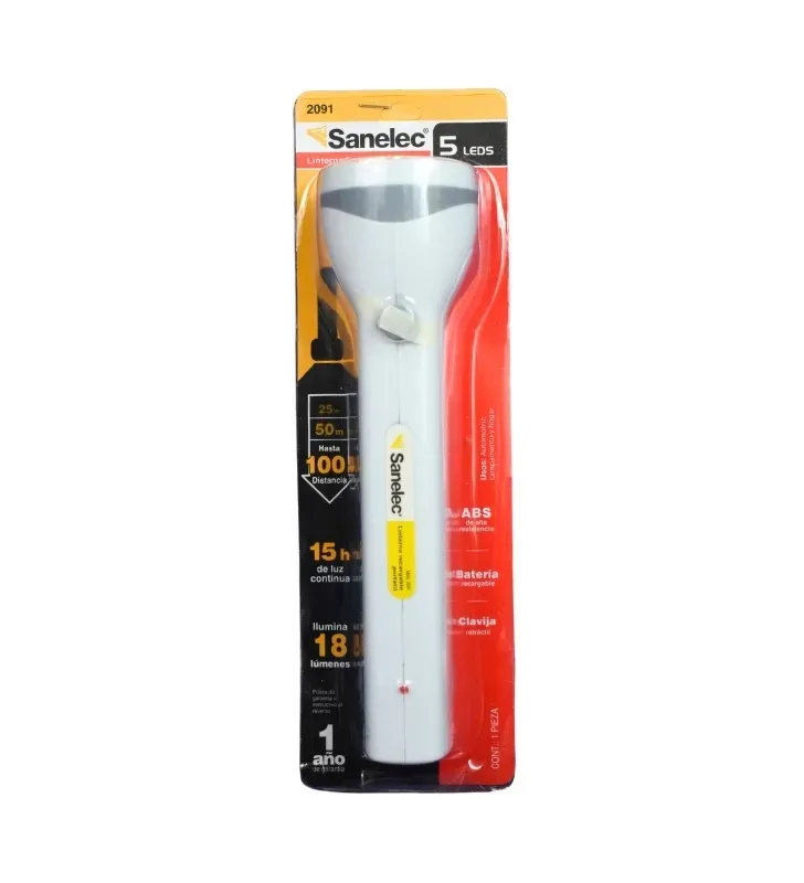 Linterna Recargable 5 LEDs Alcance 100m Clavija Retráctil 2091 | Sanelec