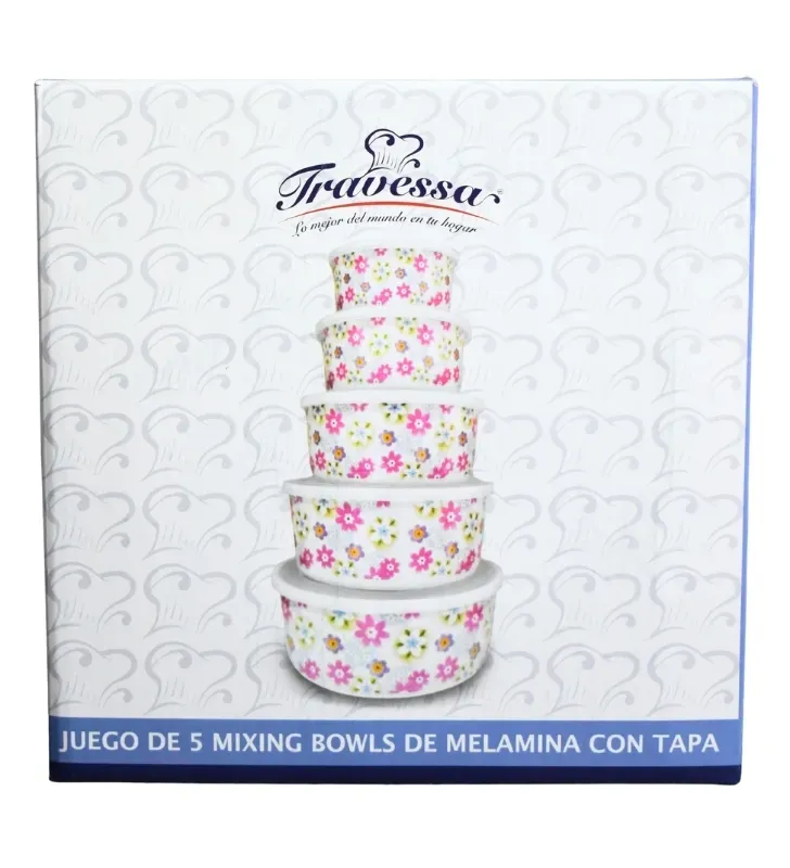 Juego de 5 Mixing Bowls de Melamina con Tapa Floral 003-078-003 | Travessa