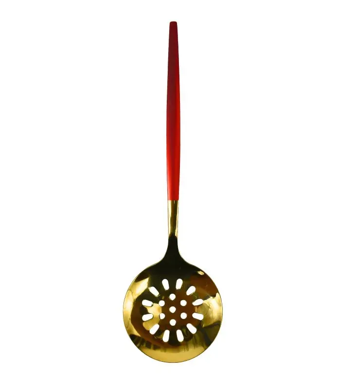 Cuchara Colador Redonda Dorada con Mango Rojo