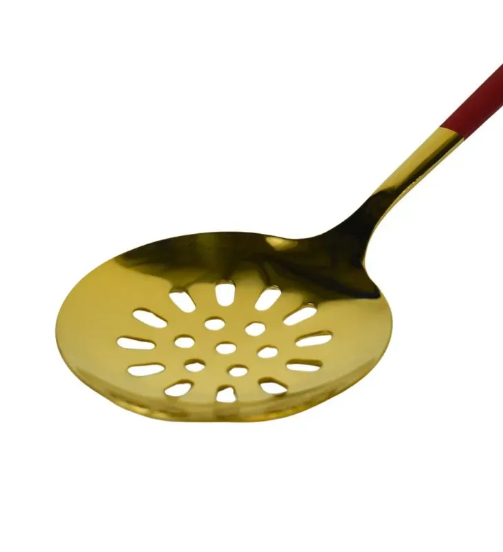 Cuchara Colador Redonda Dorada con Mango Rojo