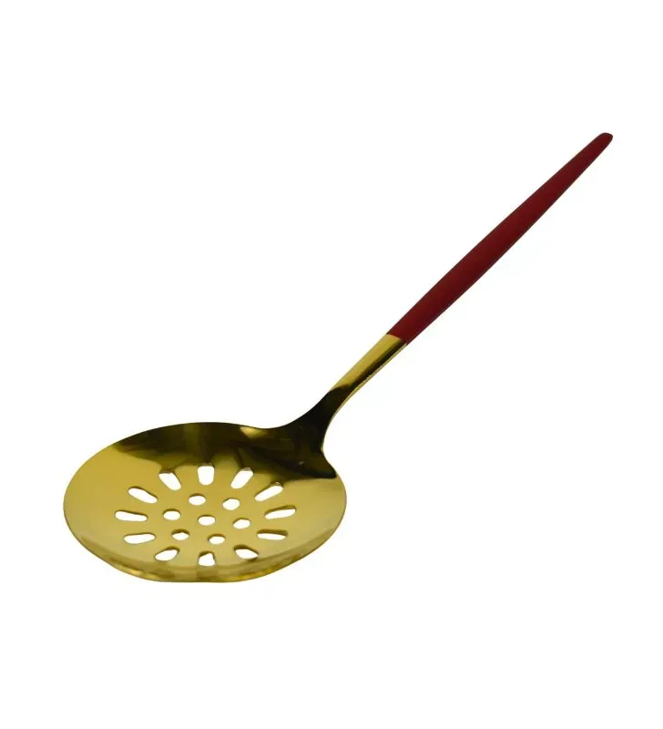 Cuchara Colador Redonda Dorada con Mango Rojo