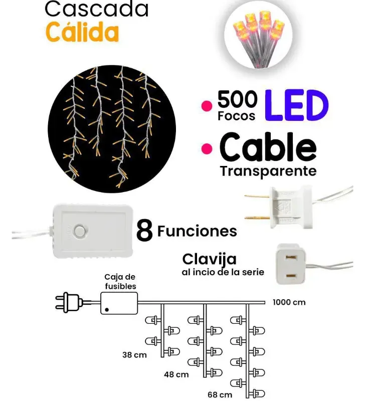 Serie Cascada 500 LED Luz Cálida 10m Cable Transparente L562402 | Navicolors