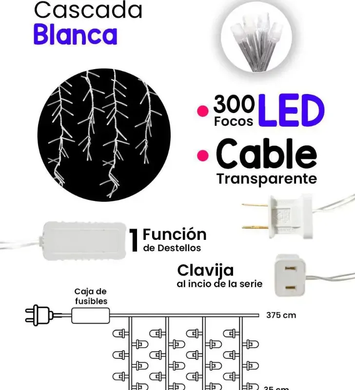 Serie Cascada 300 LED V3 Blanca Frío 3.75m Cable Transparente L573122 | Navicolors