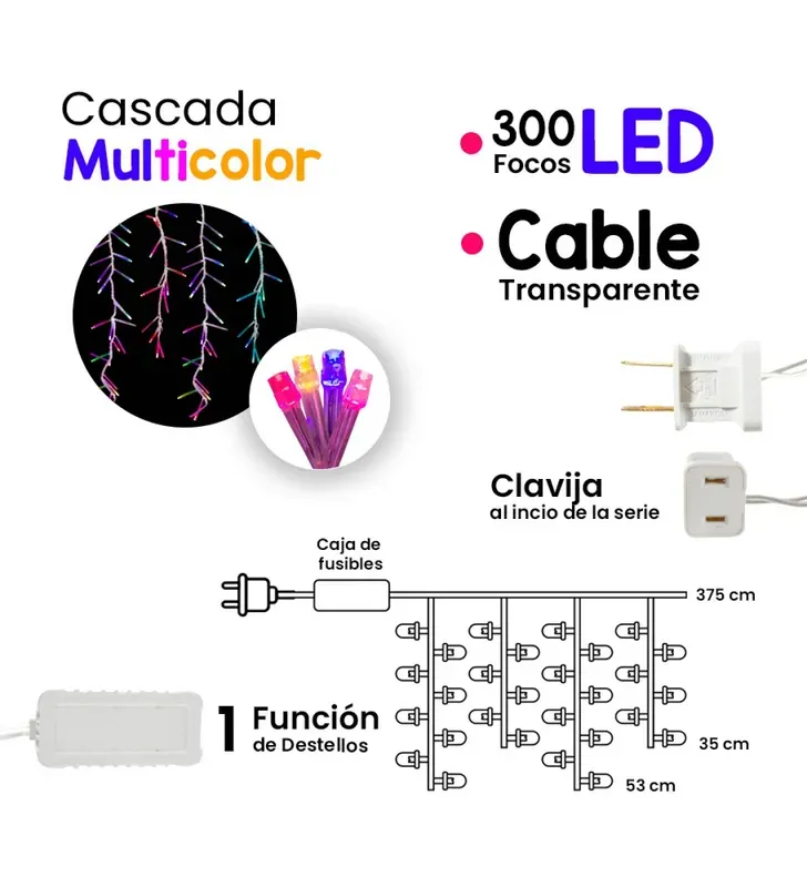 Serie Cascada 300 LED V3 Multicolor 3.75m Cable Transparente L573123 | Navicolors